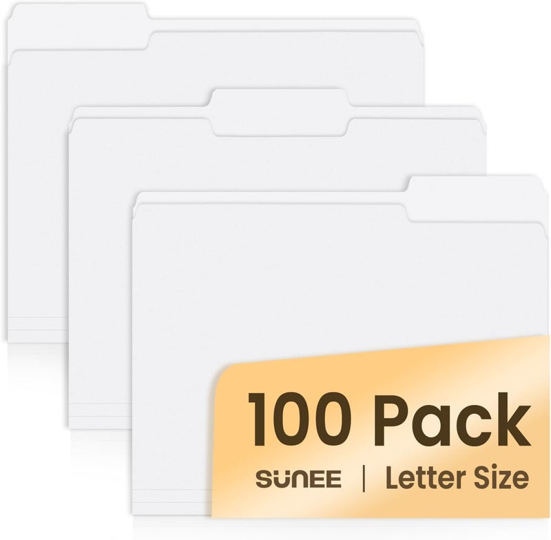 SUNEE File Folders Letter Size White, 100 Pack Manilla Folders 8.5 x 11 1/3-Cut Tabs, Colored File Folders Office Home School for Documents Files Paper - Image 1